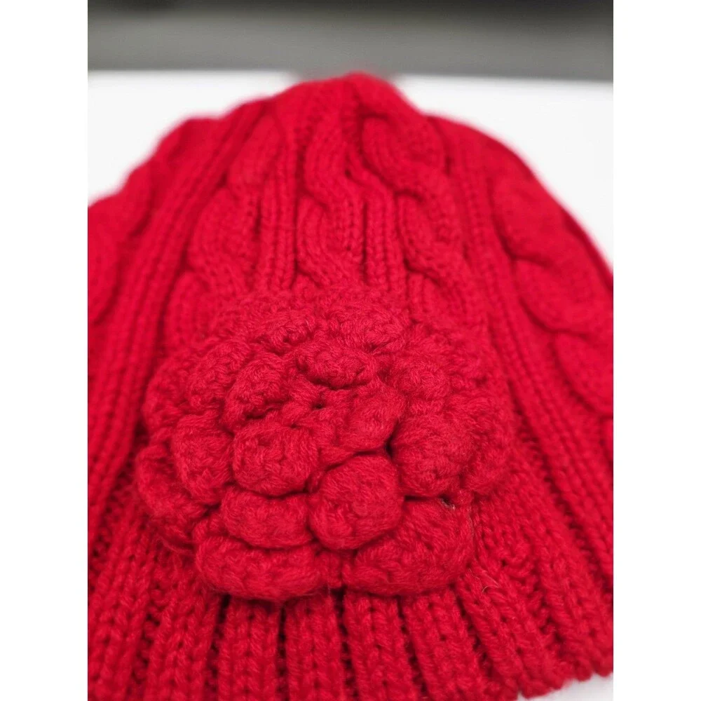 Girls Red Knit Beanie Hat with Flower Accent | Winter Warm Cap | One Size
